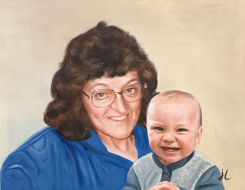 Gorgeous oil painting of a grandmother and a grandosn