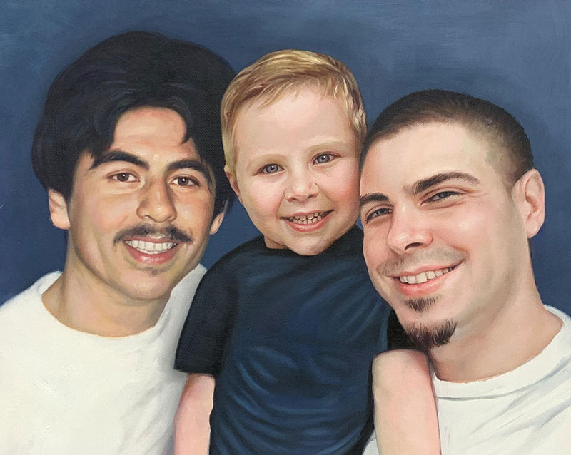 Painted portrait of two men and a young boy.