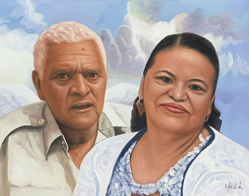 Painted portrait of an elderly couple against a cloudy sky.
