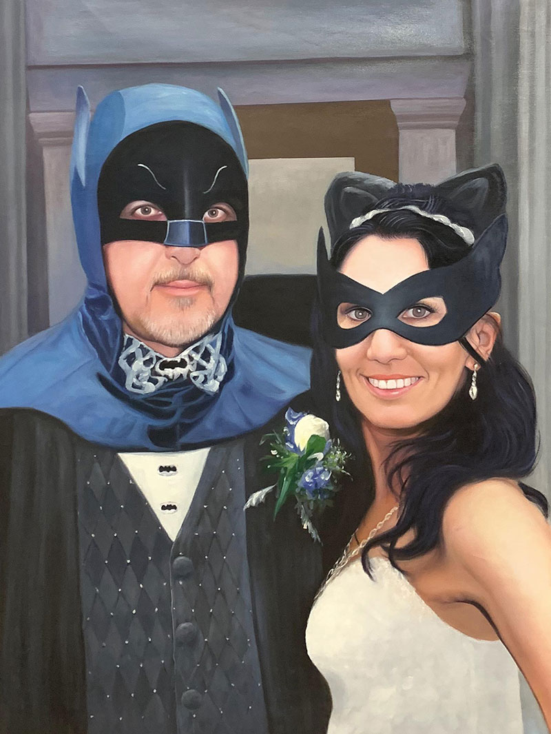 Painting of a bride and groom dressed as Batman and Catwoman.