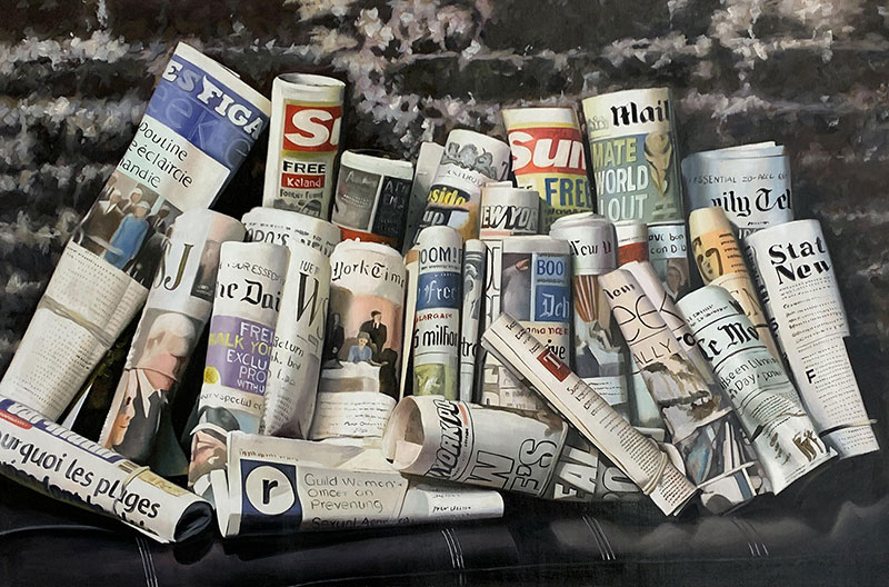Custom handmade oil painting of newspapers 