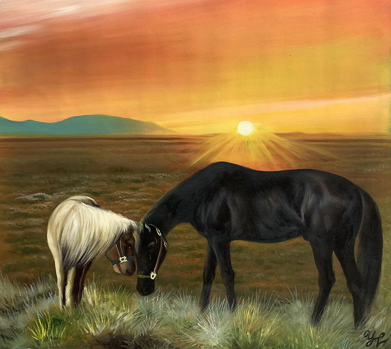 Custom handmade oil painting of two horses