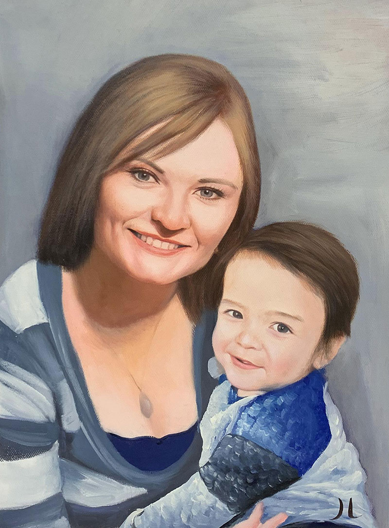 Oil painting of a mother and young child.