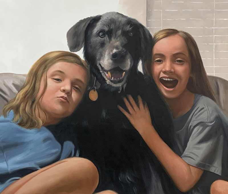 Personalized oil painting of two girls with a dog