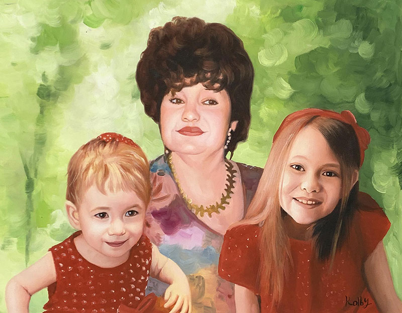 Beautiful oil painting of a grandmother and grandchildren