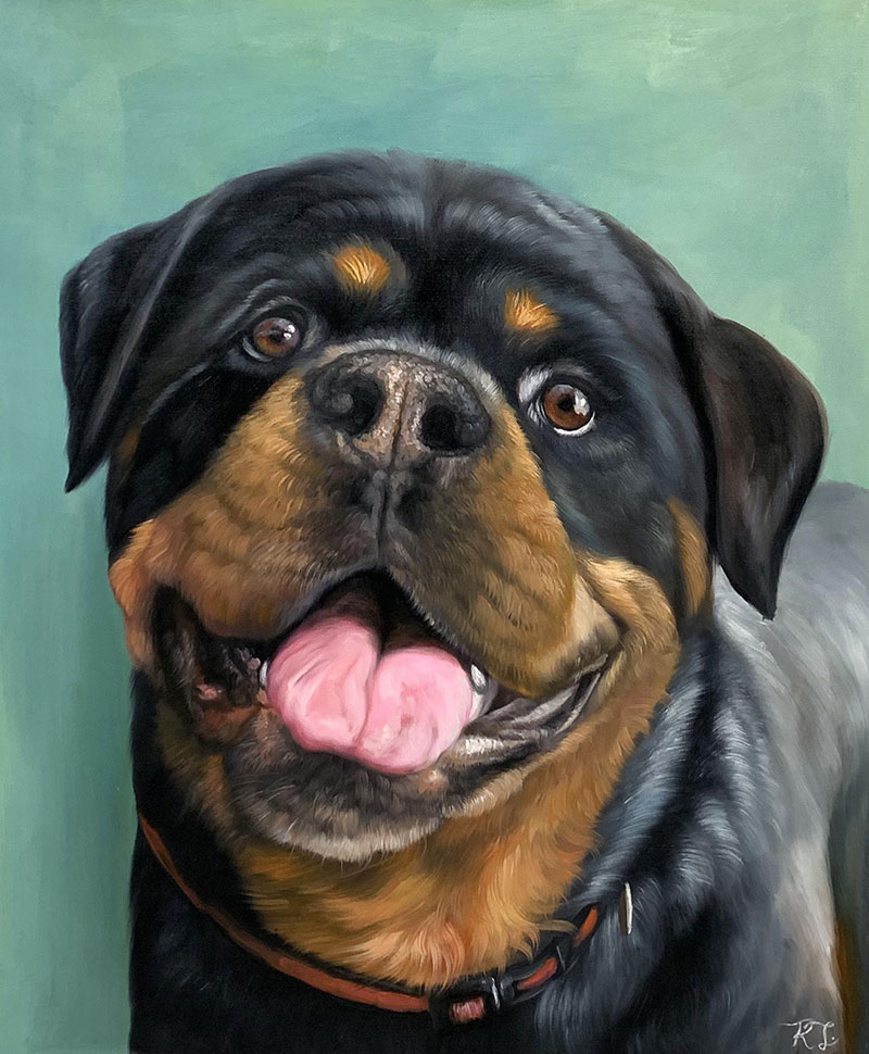 Close up handmade oil painting of a dog