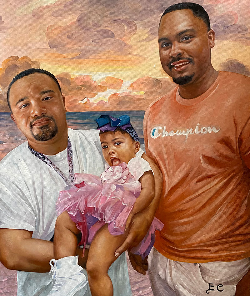 Handmade oil artwork of two gentlemen with a baby girl