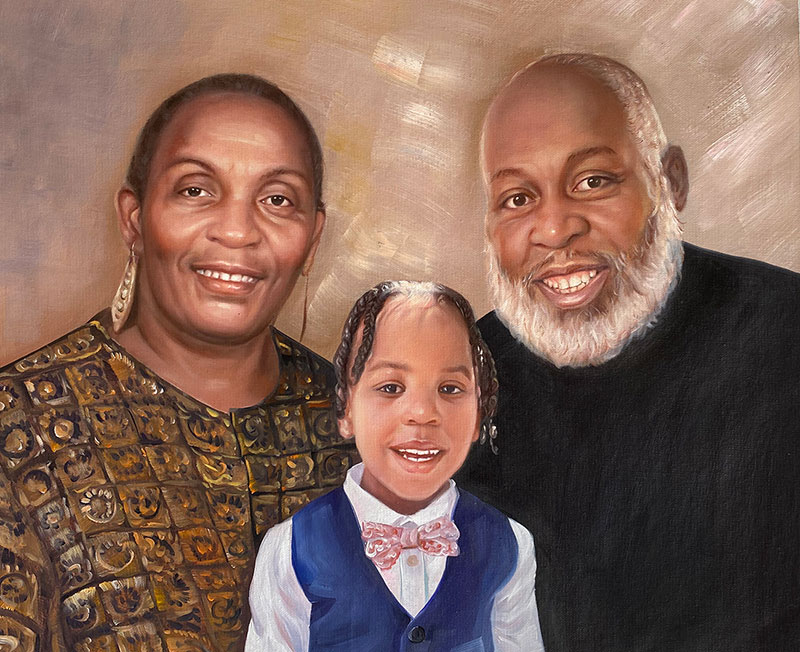 Painted portrait of a Black family: a grandmother, grandfather, and young grandchild.