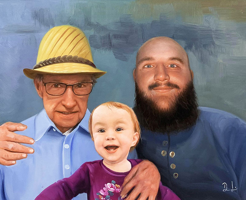 Painted portrait of an older man in a straw hat, a younger man with a beard, and a toddler.