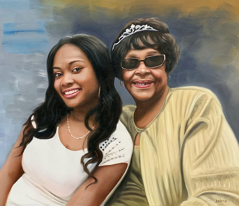 Painted portrait of a young woman and an older woman wearing sunglasses and a tiara.