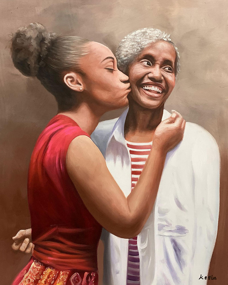 Painting of a young woman kissing an older woman on the cheek.