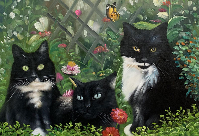 Beautiful handmade oil painting of three cats