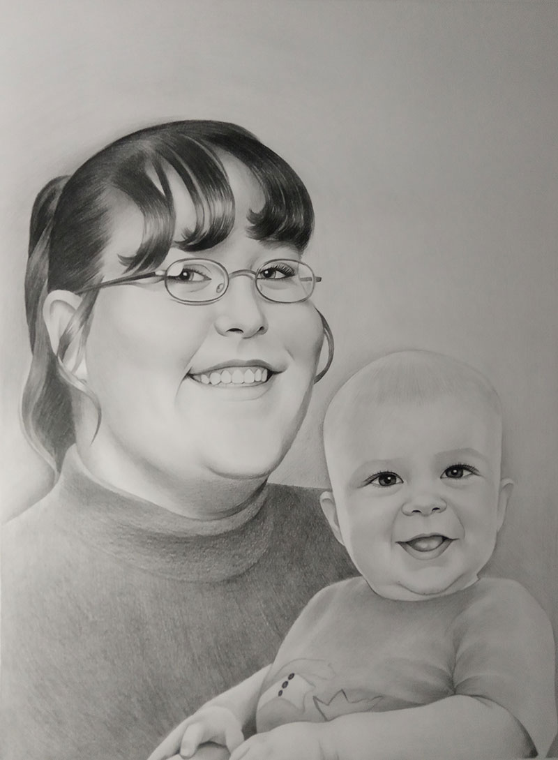 Beautiful black pencil drawing of a parent holding a baby