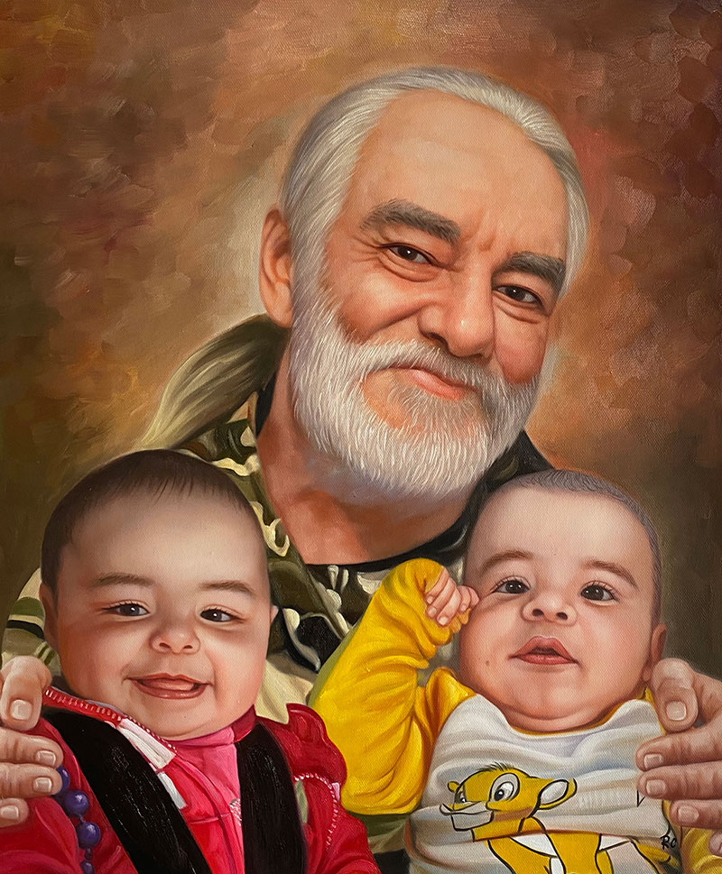 Realistic oil painting of a grandfather and grandchildren