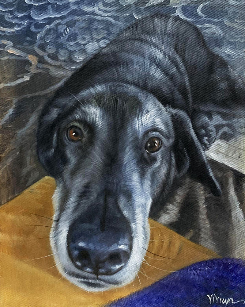 Close up acrylic painting of a dog