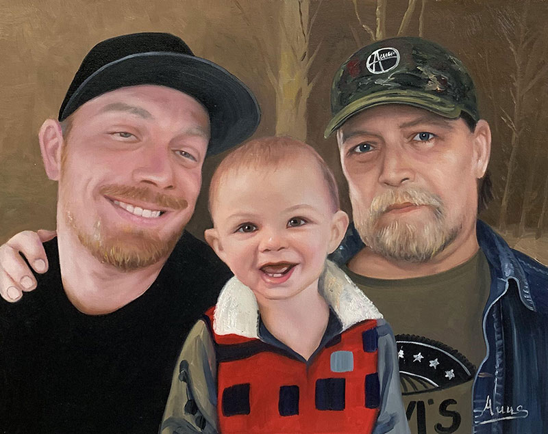Custom handmade painting of two adults with a baby