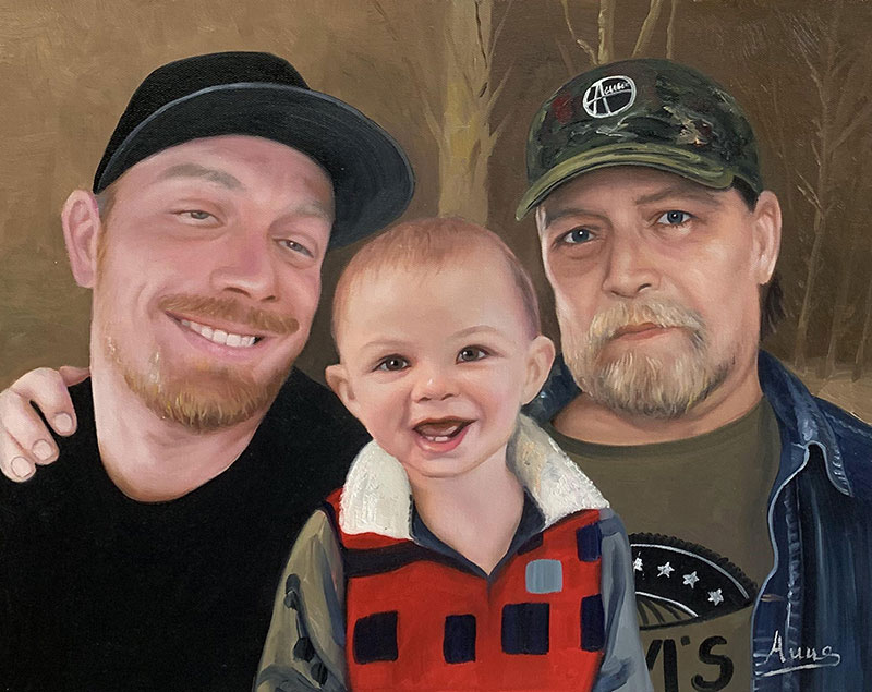 Painted portrait of three men: two adults and a toddler.