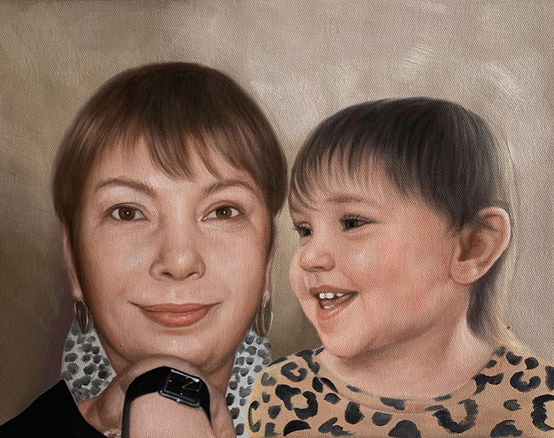 Oil painting portrait of a woman and child.