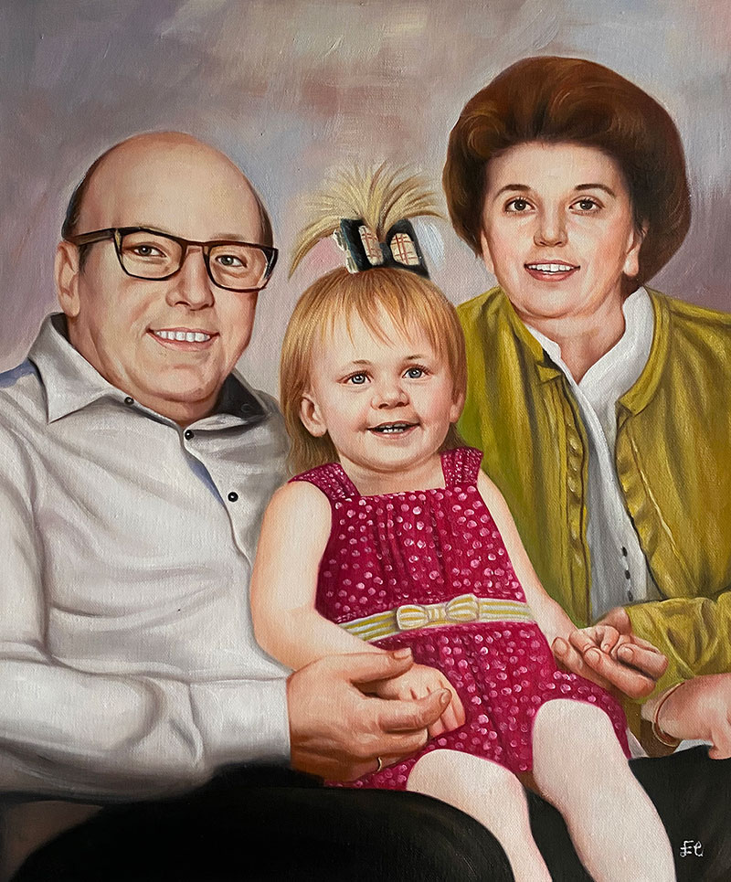 Custom oil artwork of grandparents with granddaughter