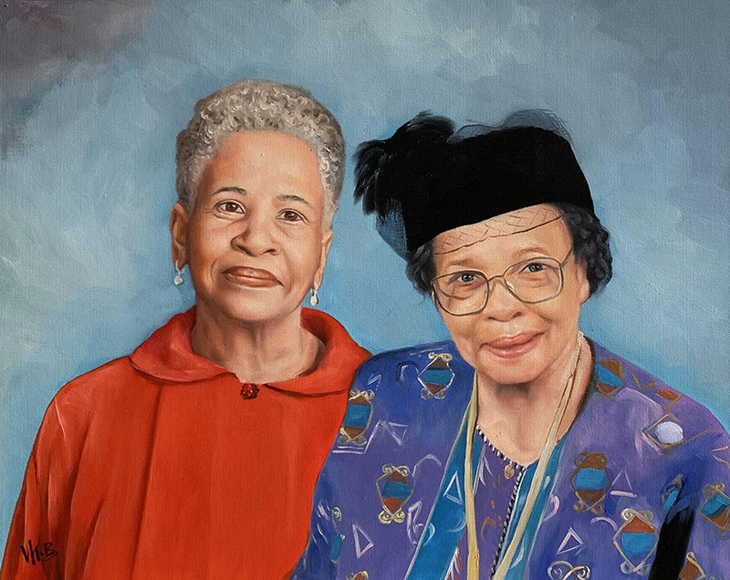 Portrait painting of two elderly Black women.