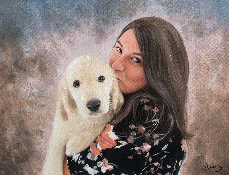 Custom handmade oil painting of a lady and a dog