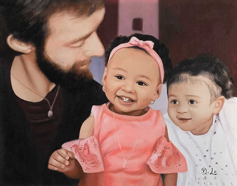 Beautiful  oil artwork of a father with two daughters