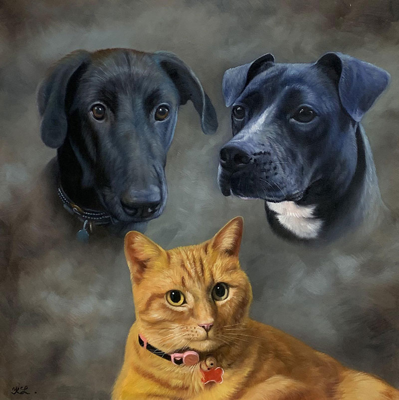 Painting of two black dogs and an orange cat.