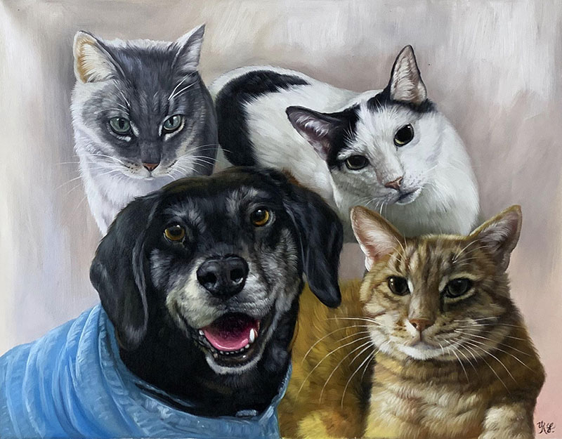 Custom handmade oil painting of three cats and a dog