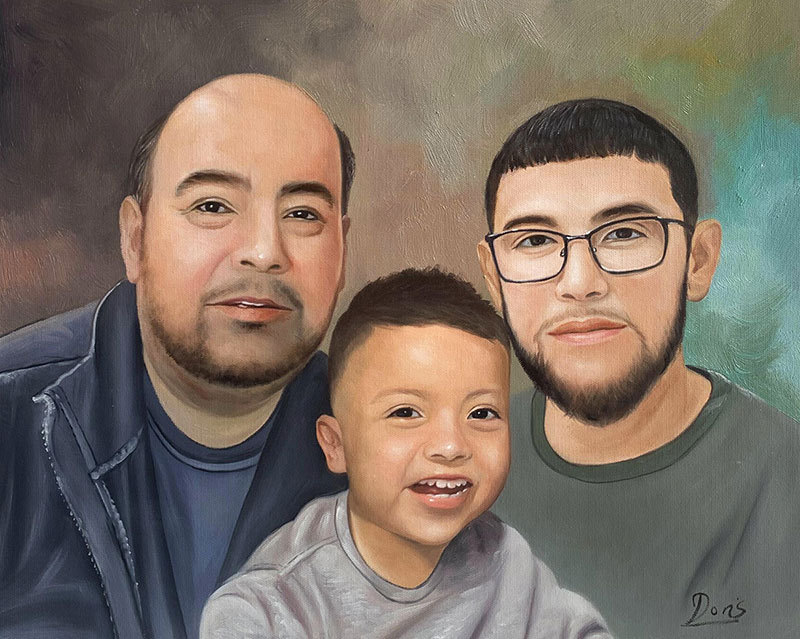 Painted portrait of a father, teenage son, and young son.