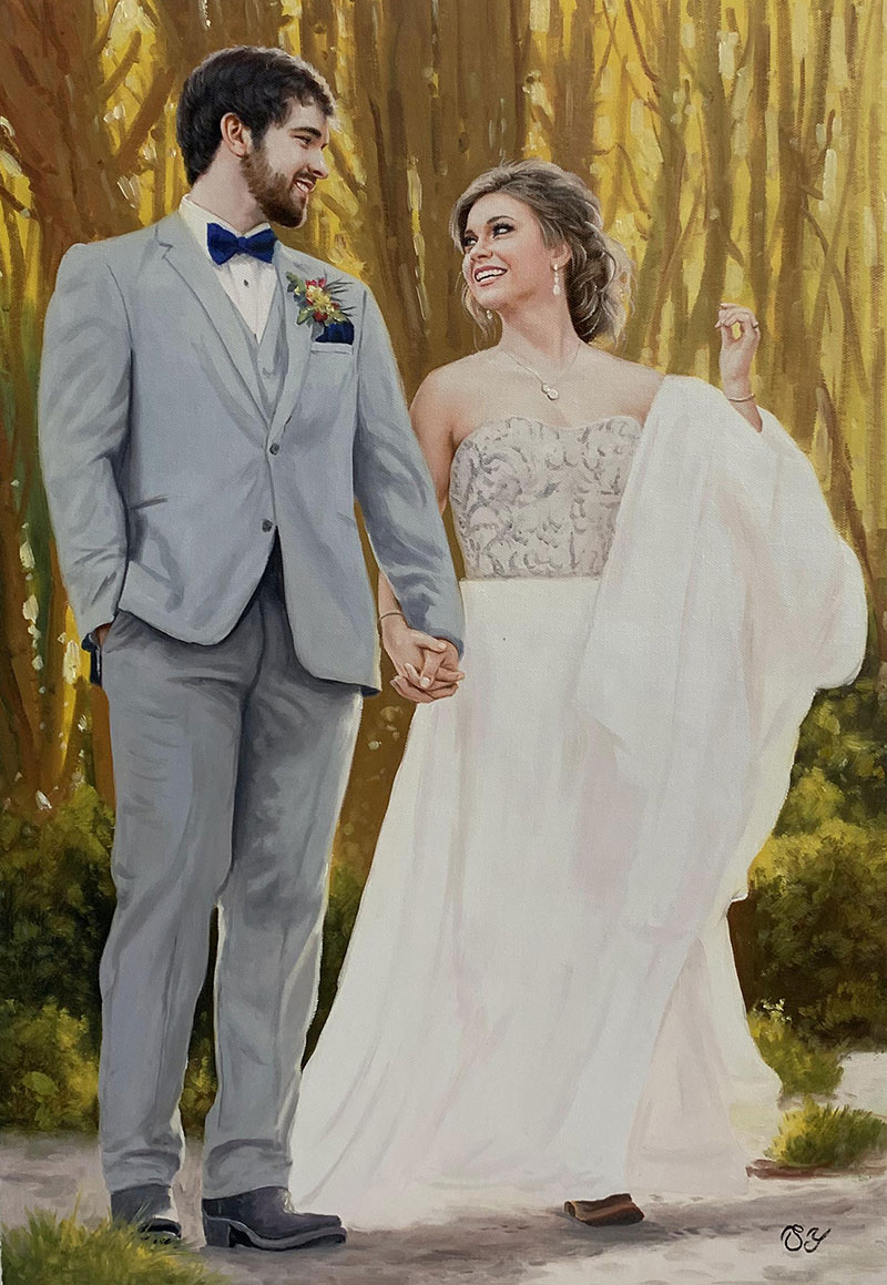Gorgeous handmade oil painting of a just married couple