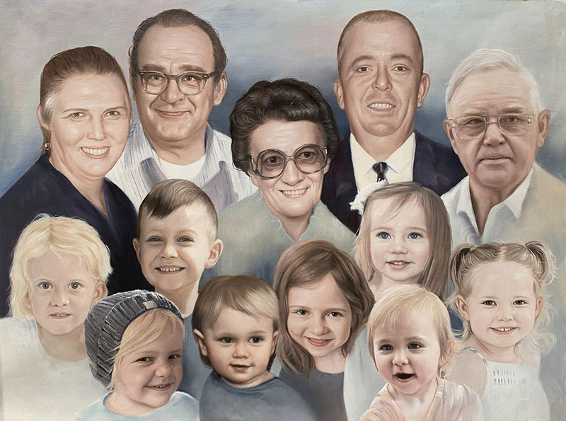 Beautiful oil painting of grandparents and grandchildren
