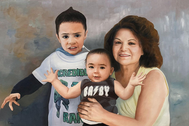 Custom oil artwork of a grandmother and grandchildren
