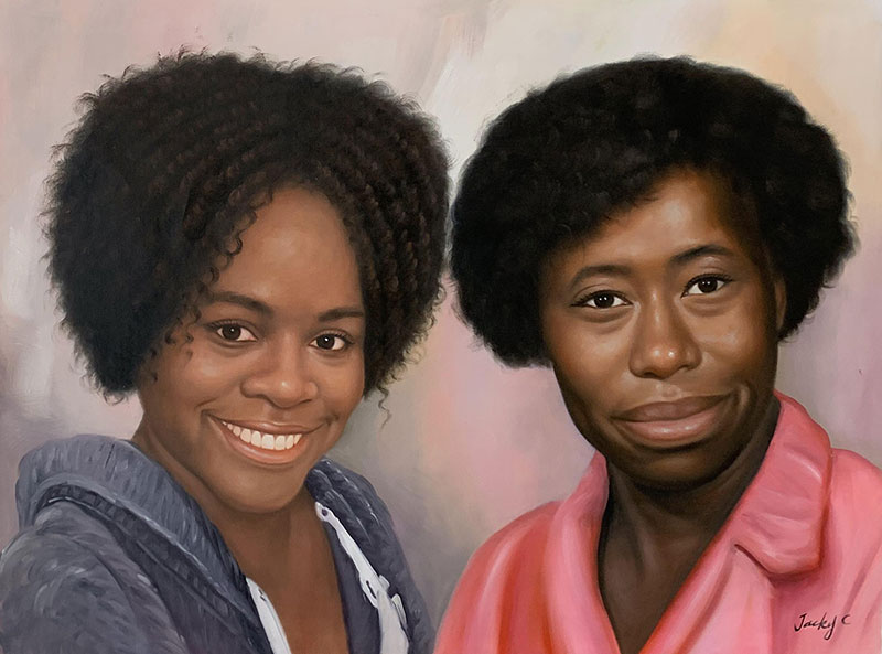 Custom handmade oil portrait of two ladies 