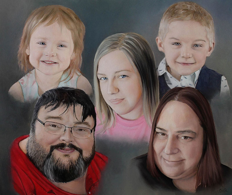 Personalized oil painting of a family with solid background