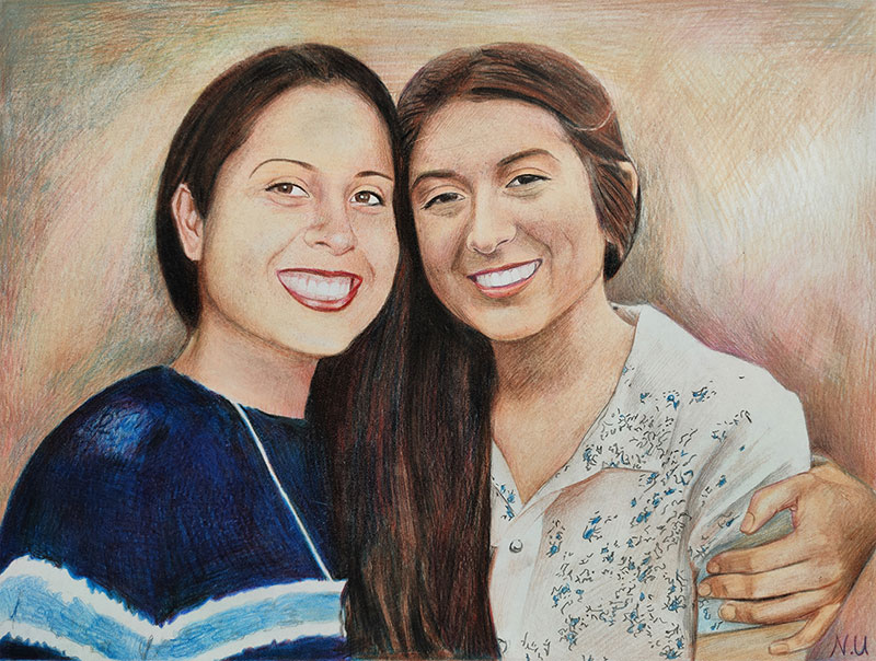 Gorgeous color pencil drawing of a mother and daughter