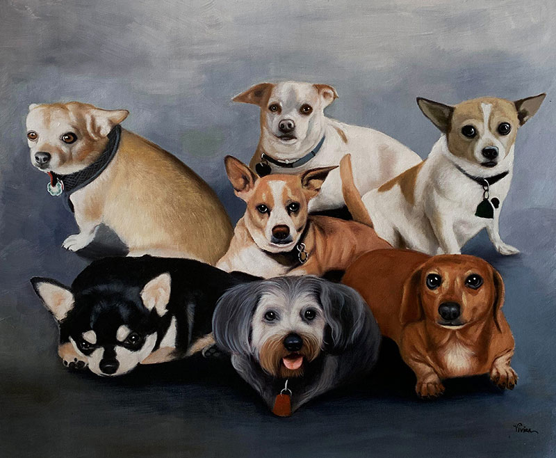 Custom handmade oil painting of seven dogs