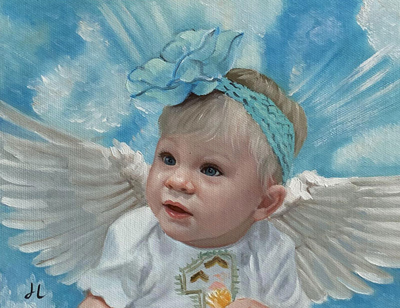 Memorial painting of a beautiful baby girl with angel wings