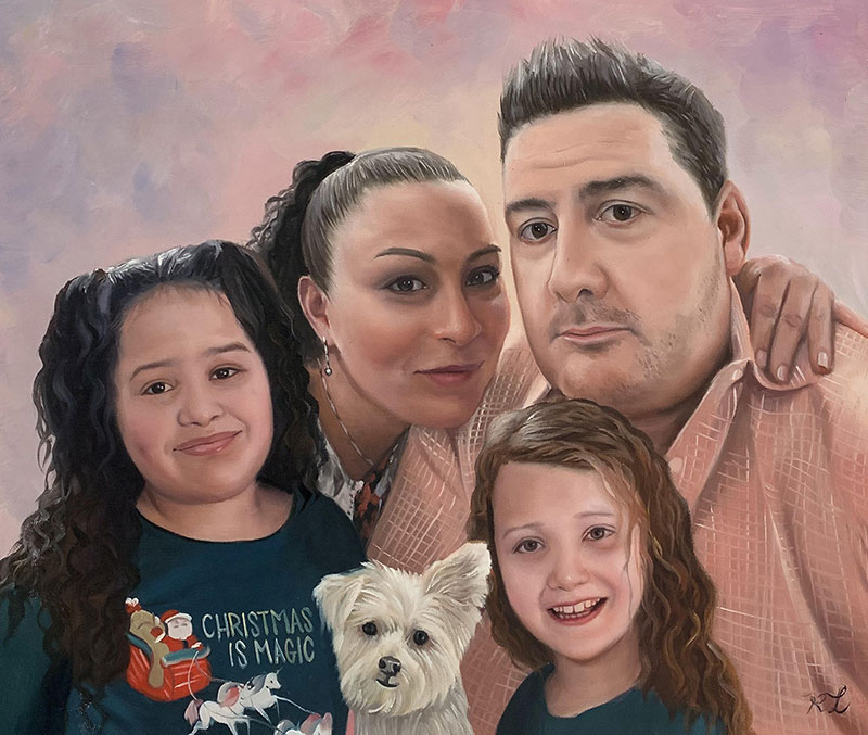 Beautiful handmade oil painting of a family with dog