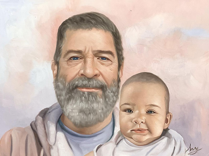 Custom handmade oil painting of grandfather and grandchild