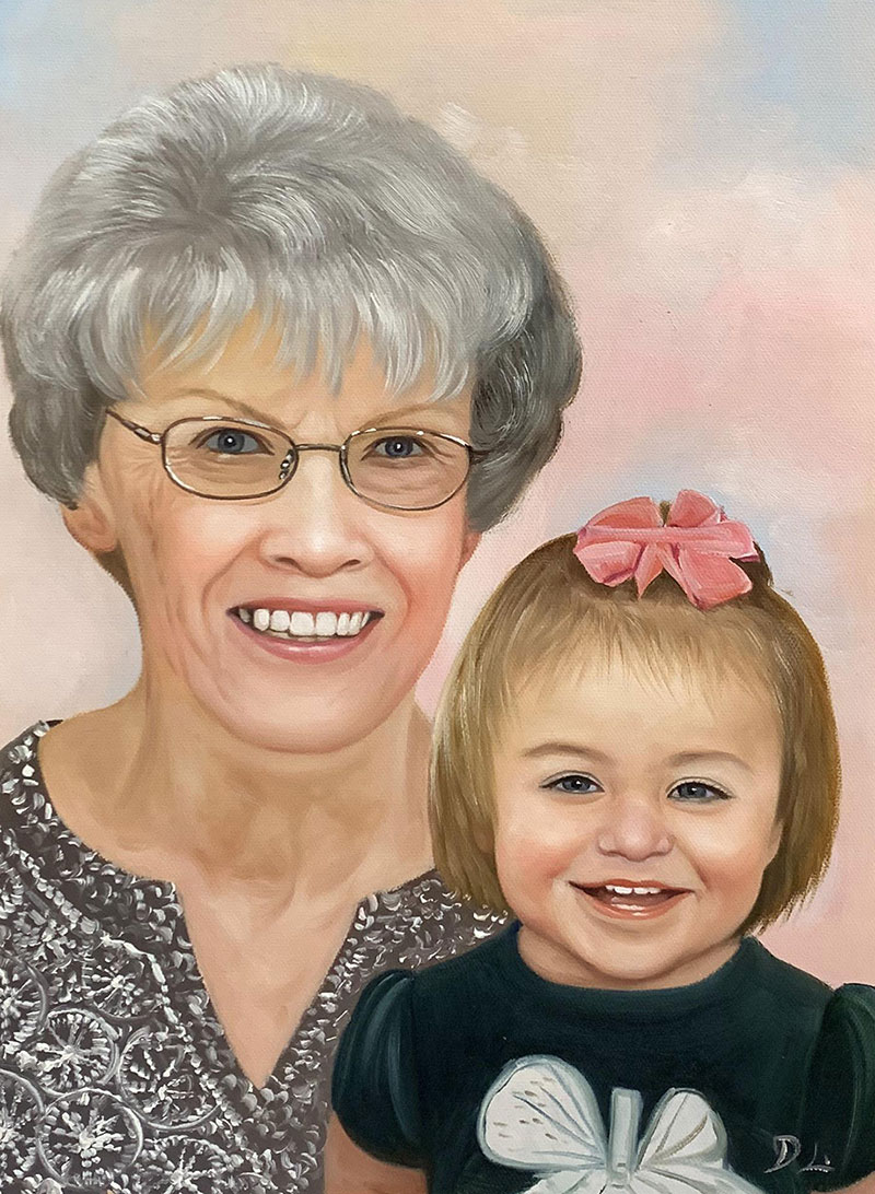 Custom handmade oil painting of grandmother and grandchild