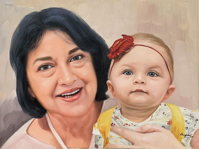 Beautiful handmade acrylic portrait of a grandmother and kid