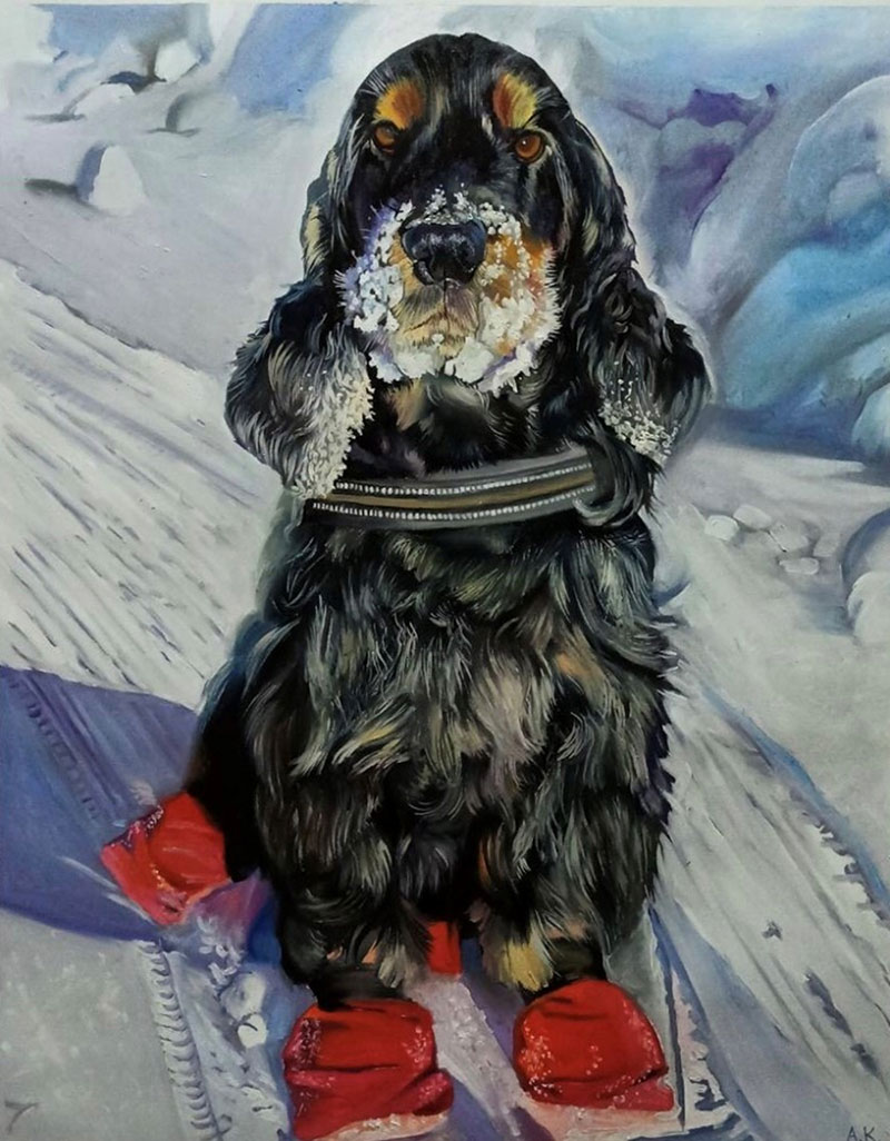 Custom handmade oil painting of a dog in snow
