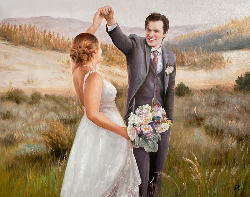 Beautiful handmade wedding portrait in oil