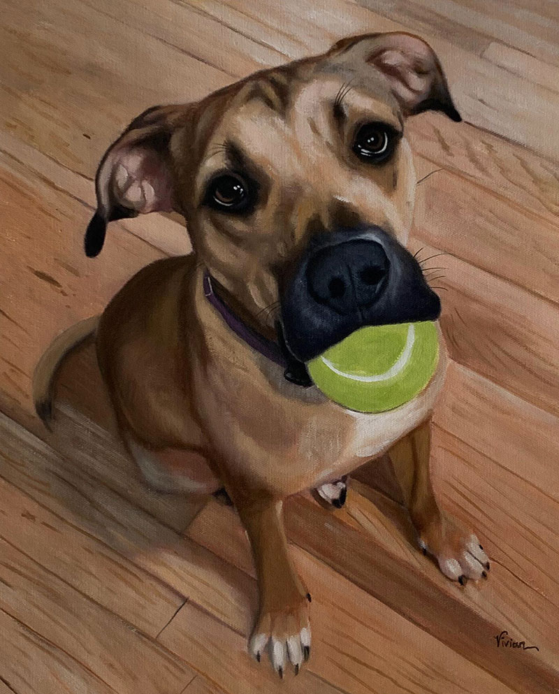 Handmade oil painting of a dog with a tennis ball
