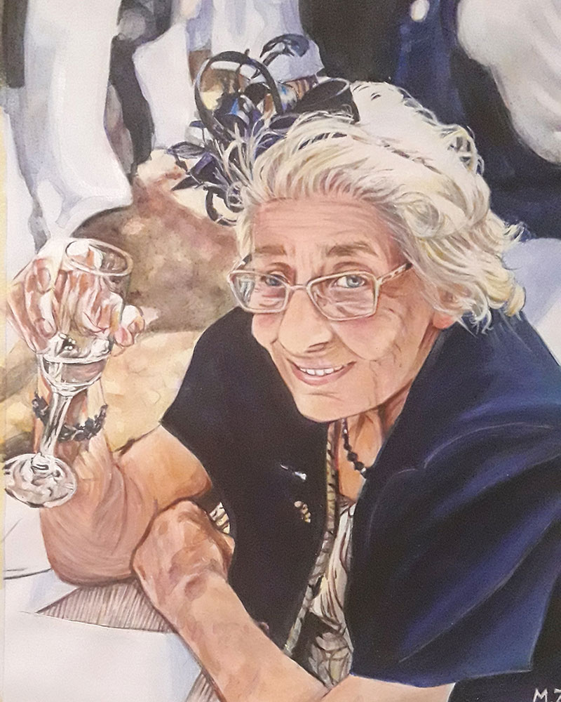 Beautiful acrylic portrait of an elderly lady with Champaign