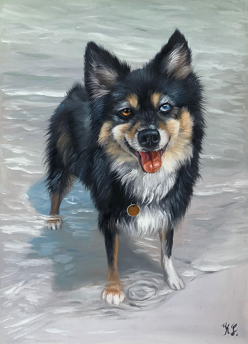 Custom handmade oil painting of a dog in snow