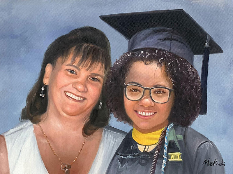 Oil painting of a smiling mother and her graduating daughter.