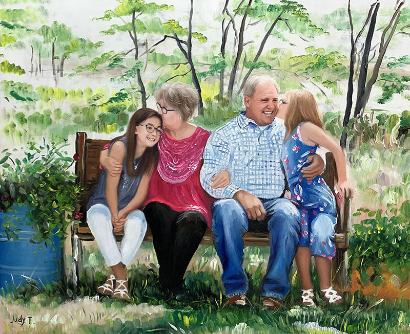 Custom handmade oil painting of a grandparents and children