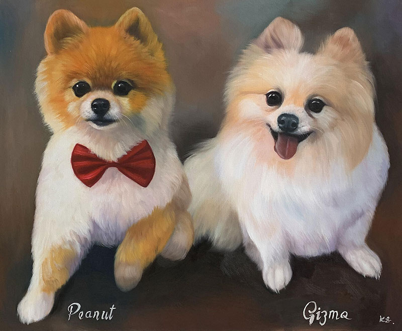 Painting of two Pomeranians, one wearing a red bow tie.