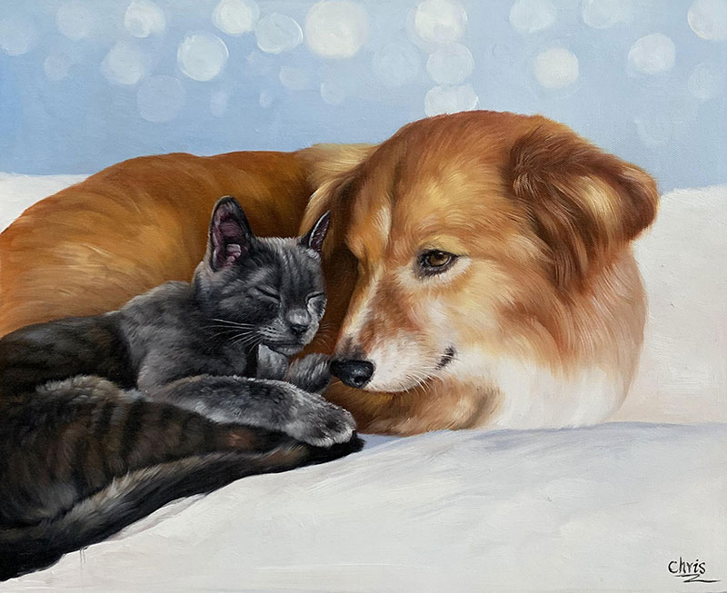 Painting of a dog and kitten cuddling.